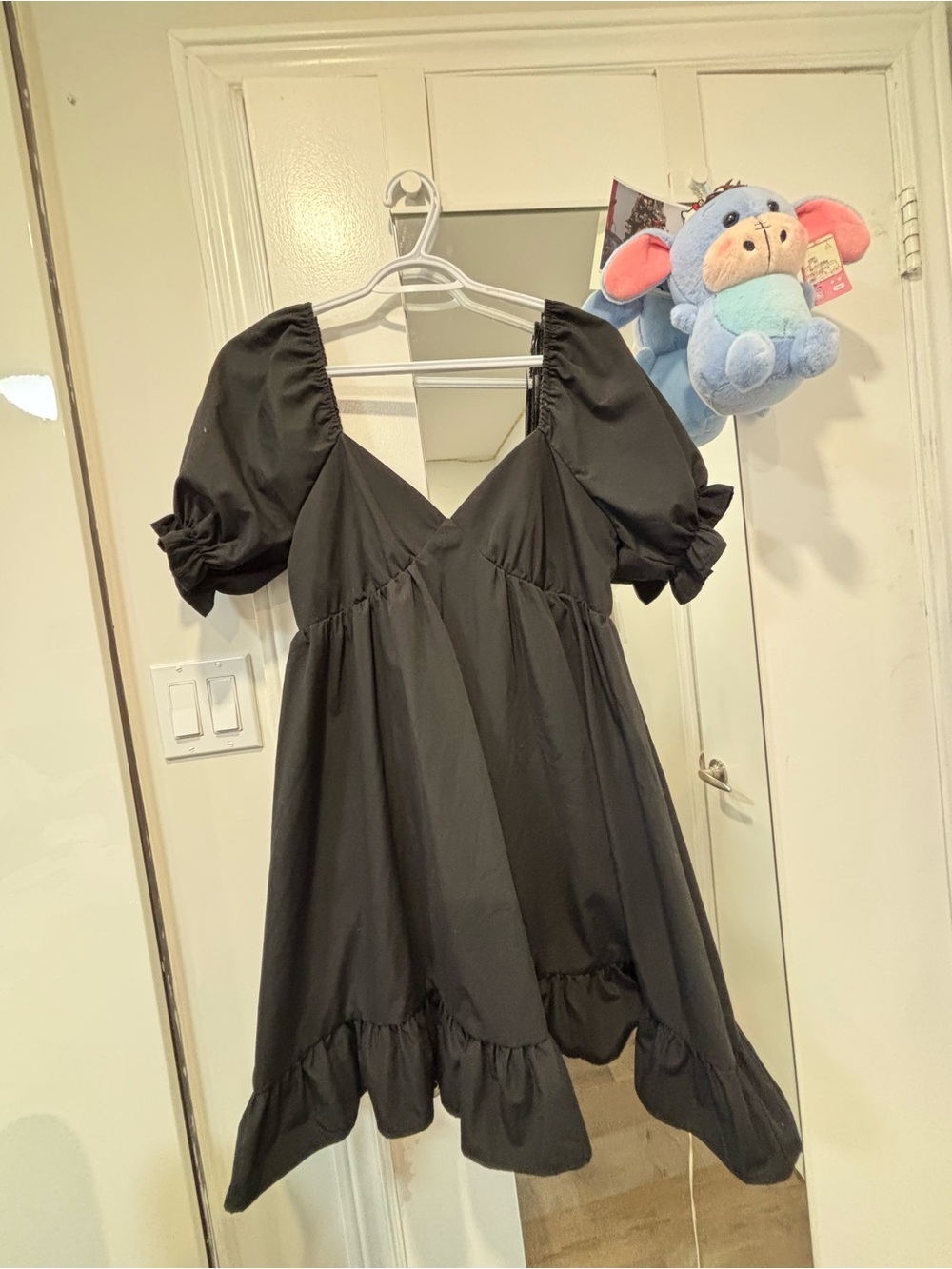 Black Puff Sleeve Ruffle Hem Mini Dress
